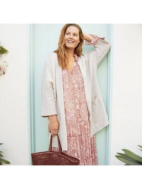 DONNI. Draped Sandwash Open Front Grey and Cream Ribbed Cardigan with Pockets